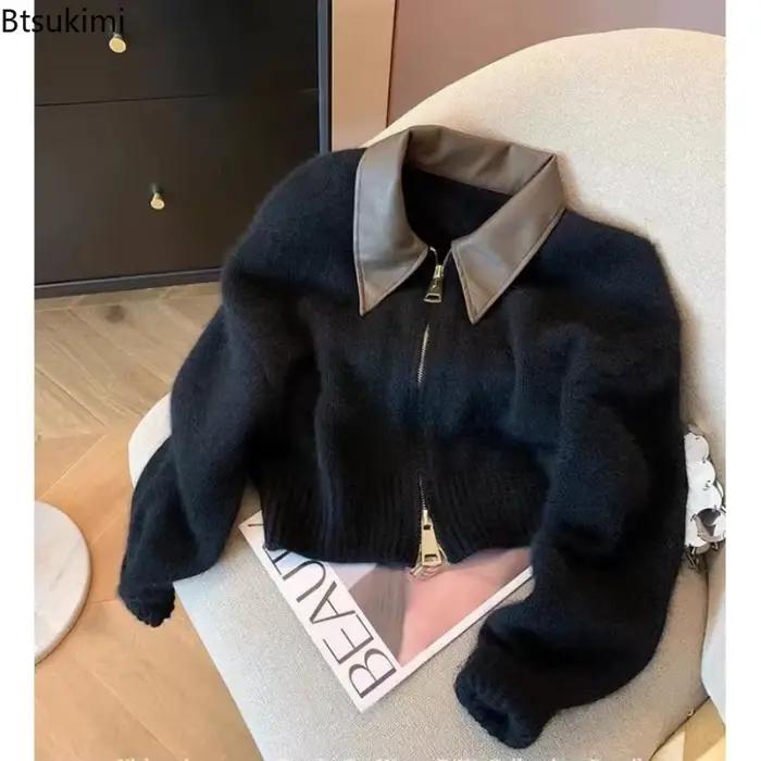 Femmes col en cuir Patchwork Double fermeture éclair tricot Cardigan doux confortable tricoté pull manteaux revers