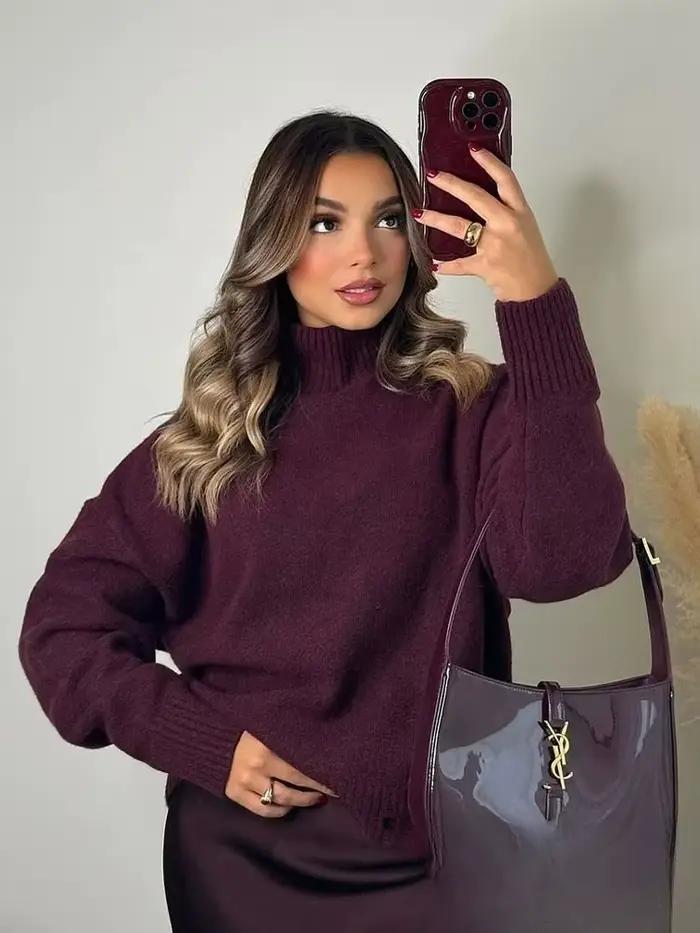 KONDALA Vintage Chic femmes pull solide col rond à manches longues tricoté