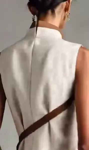 Robe en lin color block pour femme, col montant, sans manches, en coton, tenue longue printemps-été