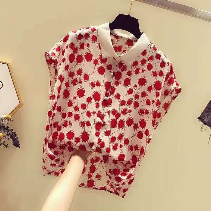 Femme été Style Blouses hauts dame décontracté manches courtes chauve-souris col claudine à pois imprimé haut Blouse ZZ1392