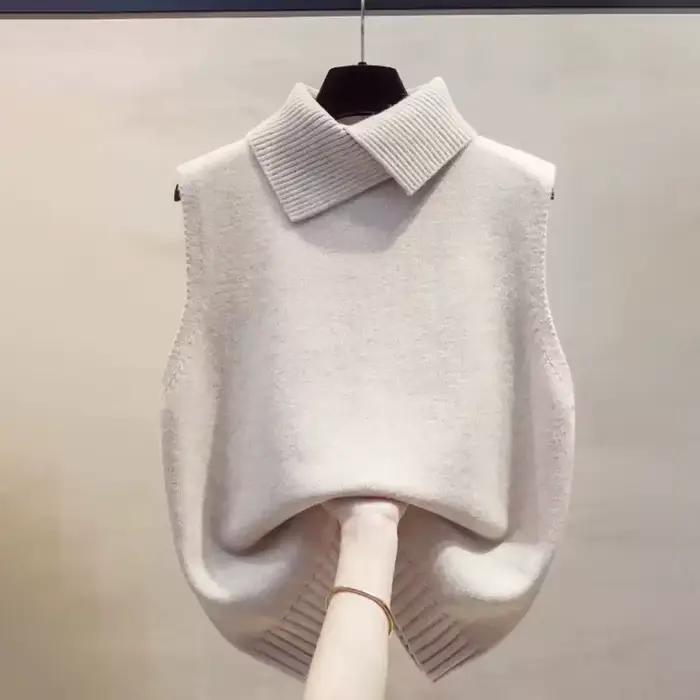 Gilet tricoté coréen sans manches à revers de couleur unie