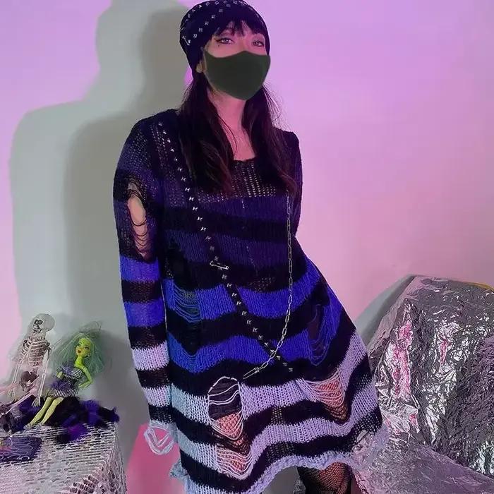 Nouveau violet rayé gothique chandails femmes déchiré trous lâche tricoté pull effiloché fée Grunge pulls Emo Streetwear Lolita
