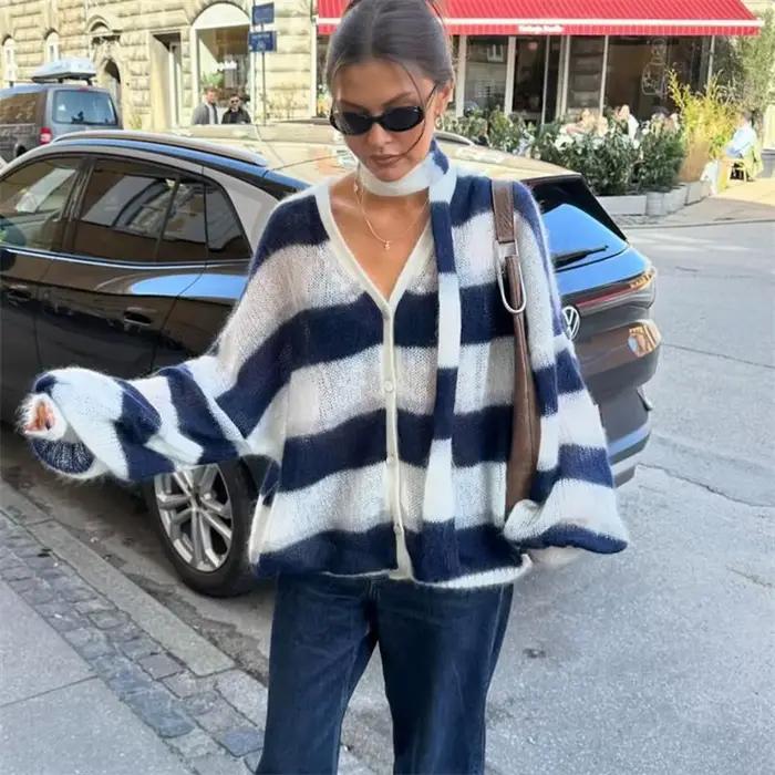 TARUXY mode rayé pull Cardigan avec écharpe femme ample mince creux haut tricoté lanterne manches contraste couleur