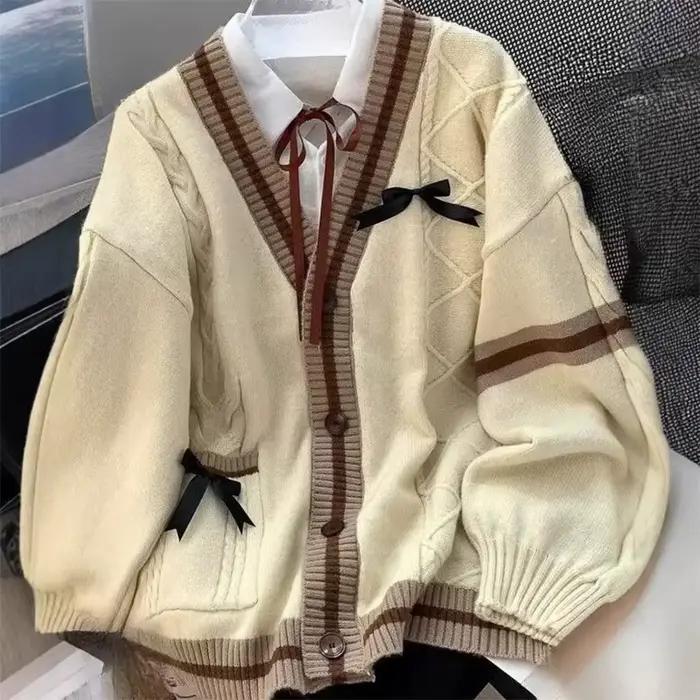 Cardigan décontracté avec nœud doux pour femme