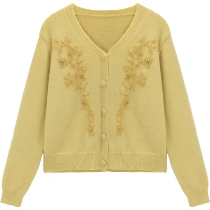 MISHOW tricot Cardigan pour femme 2025 hiver Style français brodé jaune col en v