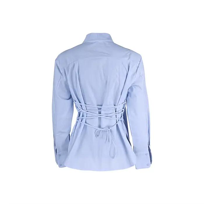 Linad élégant bleu coton écharpe col Blouse femme bureau rouge simple boutonnage chemises