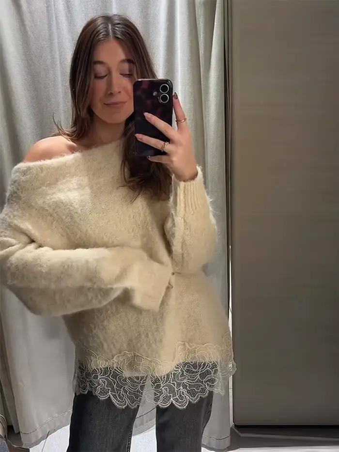 Pull en tricot patchwork en dentelle pour femmes