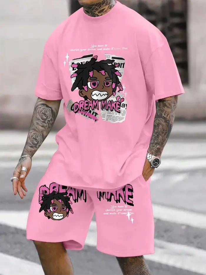 T-shirt d'été décontracté à col rond pour hommes, imprimé de personnages de dessins animés et de motifs de lettres, sl court léger et respirant