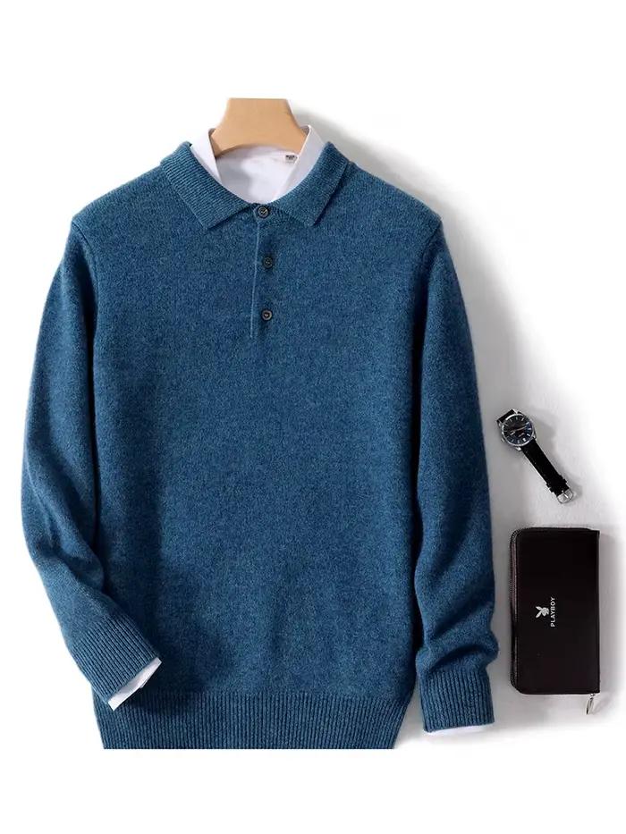 Pull à col POLO pour hommes, épais, manches longues, pulls d'affaires, 100% laine mérinos, chemise en tricot, vêtements de base, nouvelle collection automne hiver