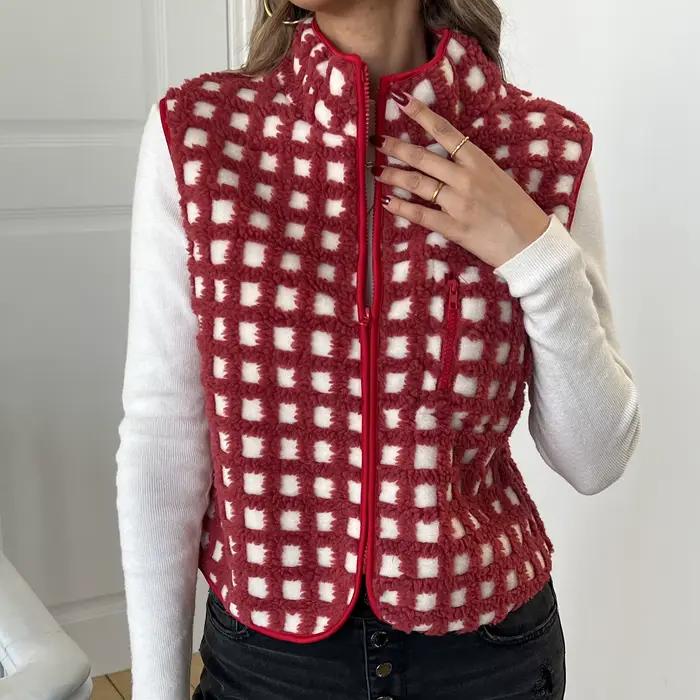 Hirigin Gilet polaire pour femme à carreaux sans manches avec fermeture éclair et cardigan chaud avec poche poitrine