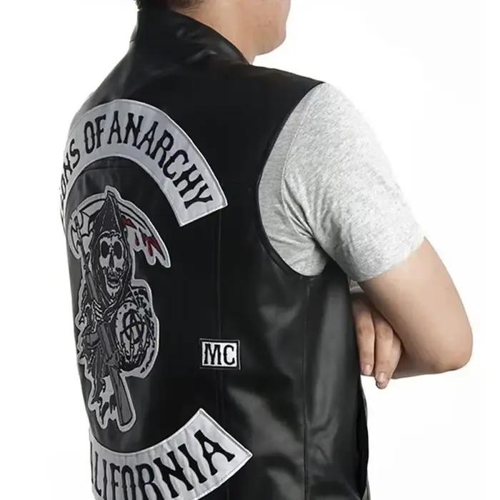 Gilet en cuir pour hommes, Costume de Cosplay de moto, veste sans manches, Sons An broderie Rock Punk, gilet en PU, col en V ukh