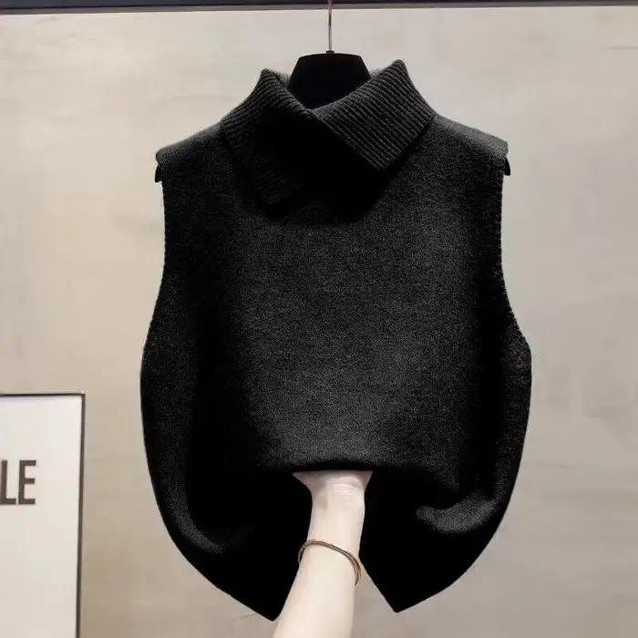 Gilet tricoté coréen sans manches à revers de couleur unie