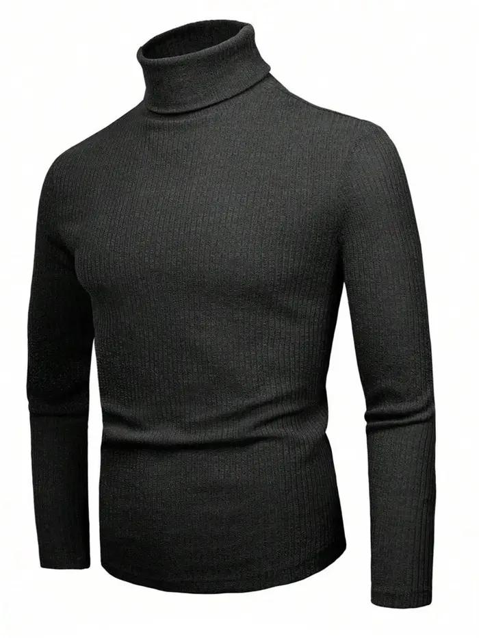 Pull à col haut pour homme, couleur unie, rayé, manches longues, t-shirt décontracté ajusté pour l'automne et l'hiver