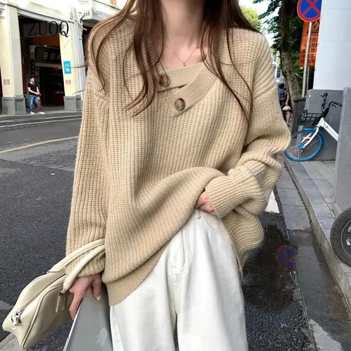2025 col en v pull femmes automne hiver ample à manches longues solide Feamle tricots bureau dame décontracté quotidien