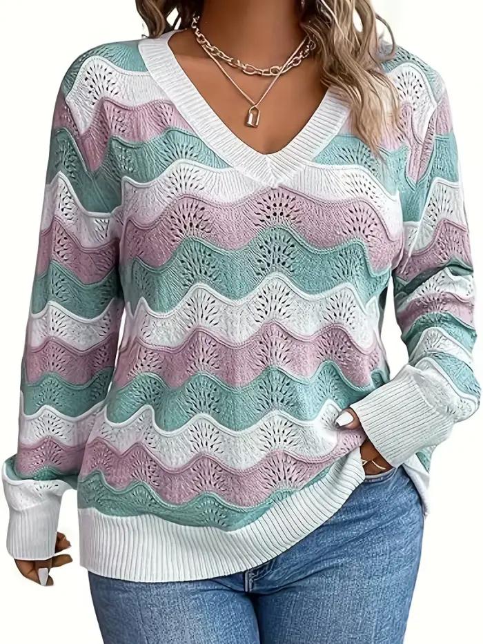 Mode féminine grande taille européenne et américaine : Pull en tricot sexy à col en V avec découpes et blocs de couleur pour femmes