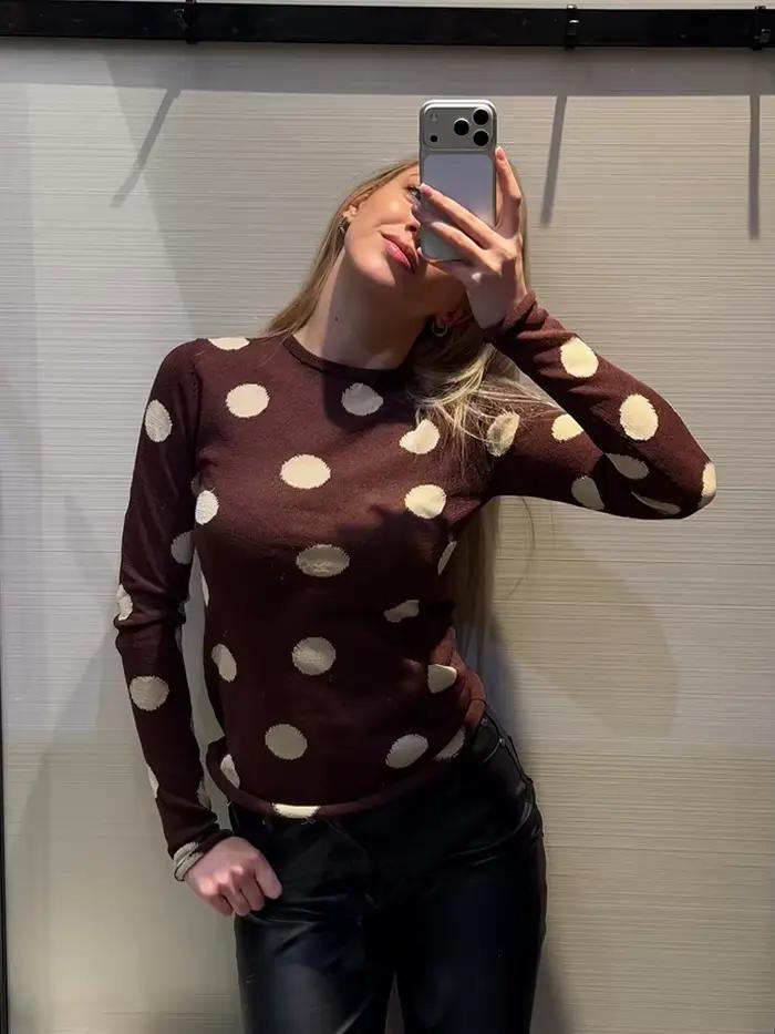 Nouveau Pull Tricoté Femme Printemps 2026 à Pois Col Rond Manches Longues Coupe Ample Décontracté pour Bureau Occasions Spéciales