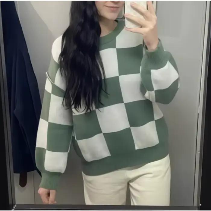 2025 pull nouveau couleur contrastée damier tricoté