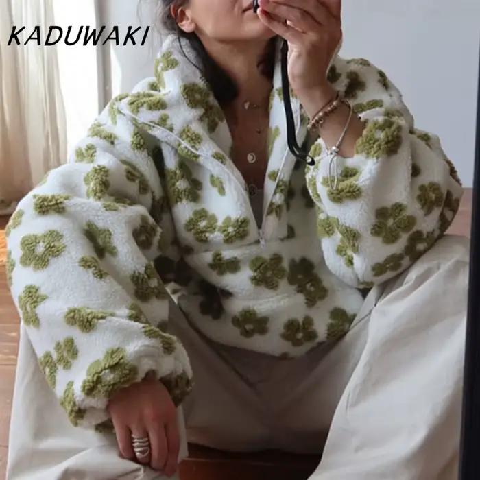 KADUWAKI rétro noël femmes mode polaire fleur fleurs chandails coton ample chaud fourrure col montant fermeture éclair hauts