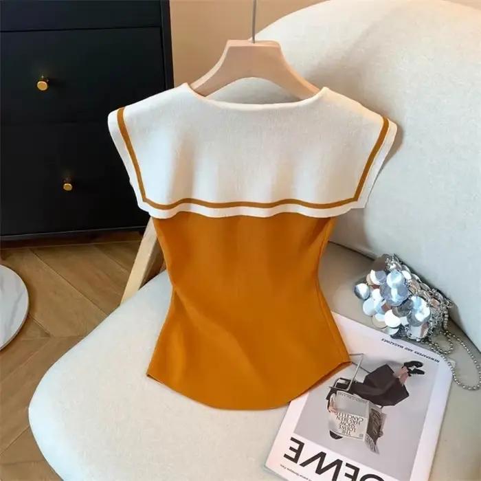 Coréen nouveau 2025 contraste tricoté gilet femmes été mode tempérament sans manches ample