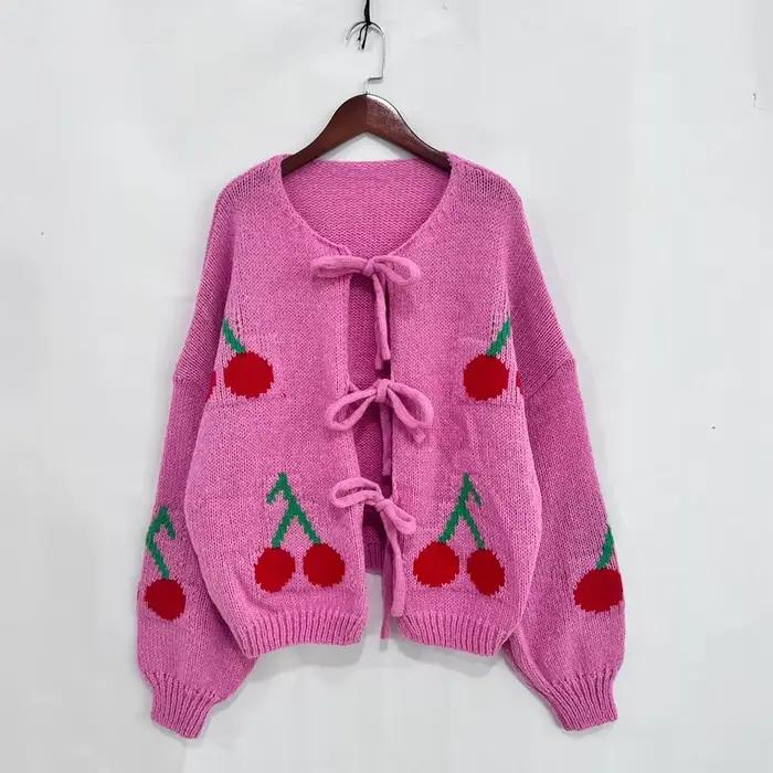 Veste Cardigan tricotée en Jacquard cerise pour femmes