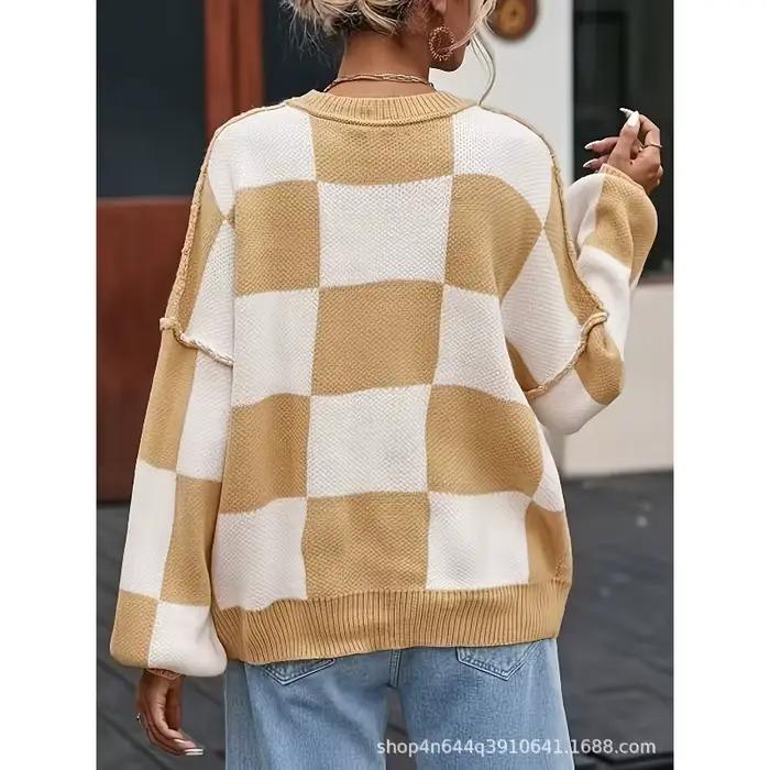 2025 pull nouveau couleur contrastée damier tricoté