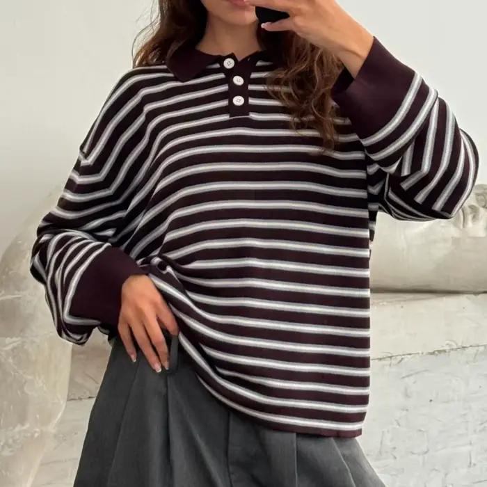 Y2k Vintage côtelé tricoté rayé col pull ample à manches longues