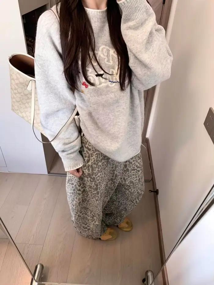 Coréen rétro Pull Femme décontracté lettre Jacquard col rond tricoté