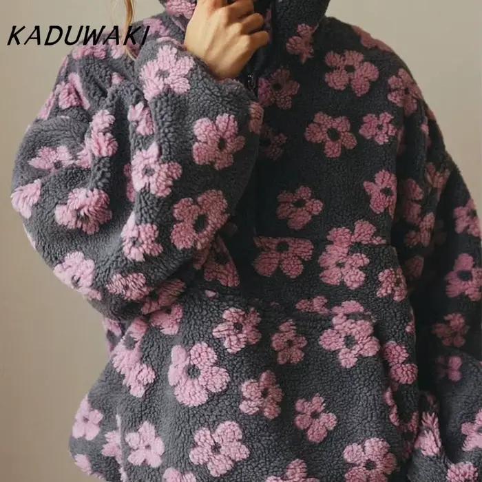 KADUWAKI rétro noël femmes mode polaire fleur fleurs chandails coton ample chaud fourrure col montant fermeture éclair hauts