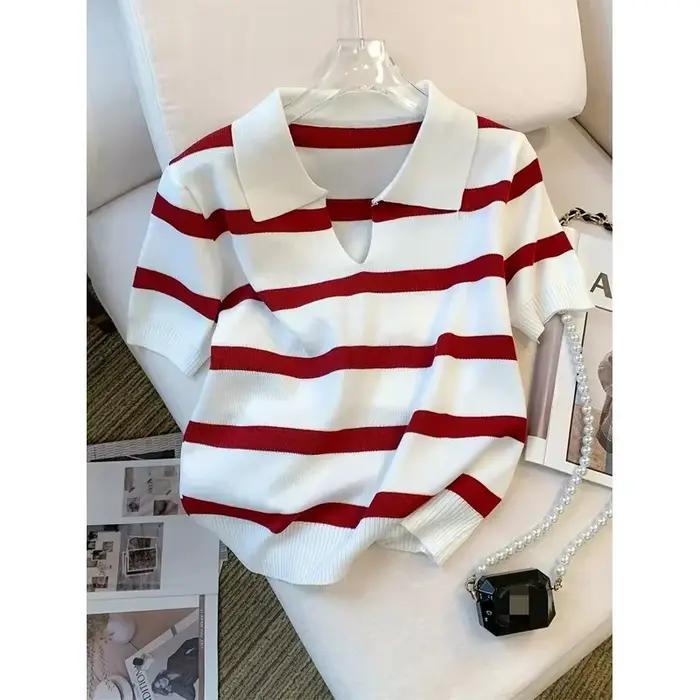 Nouveau pull à col rayé 2026 – Haut court tricoté polyvalent à manches courtes pour femme