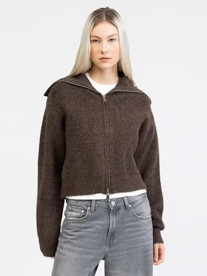 Pull court côtelé à fermeture éclair pour femme