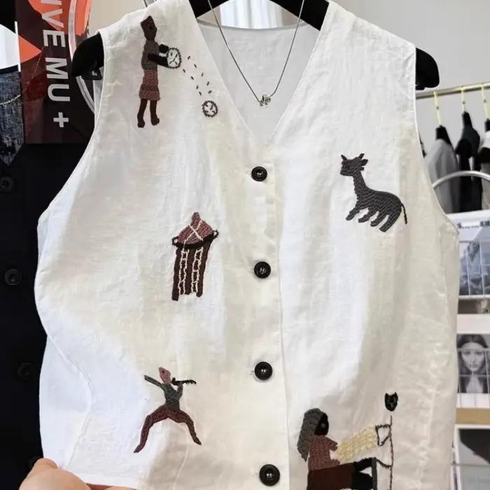 Gilet sans manches en lin brodé motif dessin animé vintage pour femme