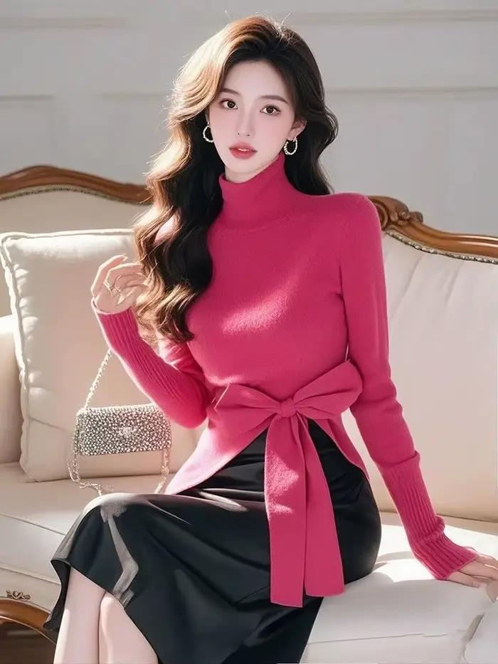 Pull en tricot irrégulier à col haut pour femme