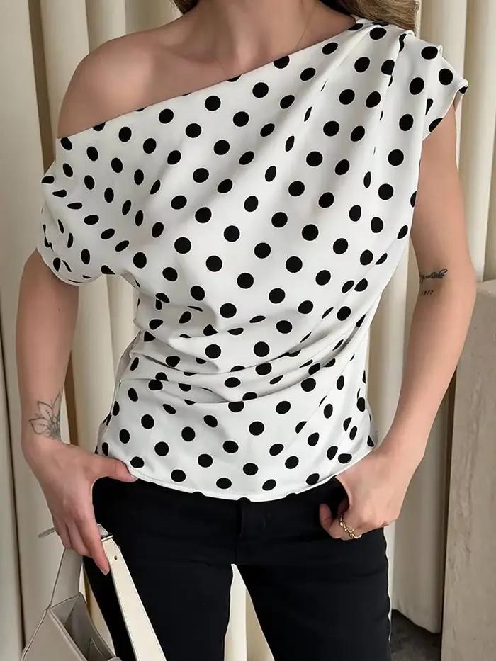 Nibber Y2k Gilet Femmes Polka Dot Imprimer Col Asymétrique Plis D'été Mode Loisirs Quotidien Simple Classique Parti Streetwear