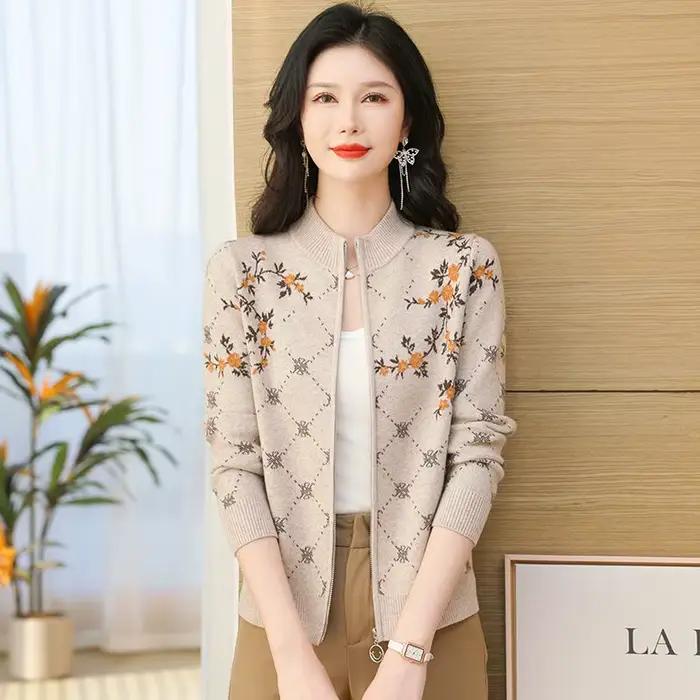 Cardigan pour femmes fermeture éclair court tricots femme vêtements nouveau imprimé Vintage dames pull veste mode mère tricot manteau