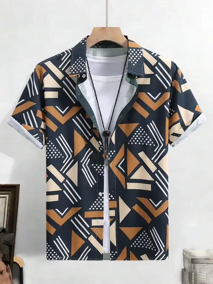 Chemise à col à manches courtes pour homme, style simple, imprimé géométrique haute définition, chemise hawaïenne, vêtements pour homme