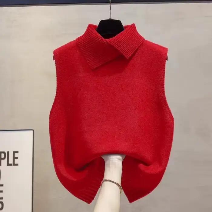 Gilet tricoté coréen sans manches à revers de couleur unie