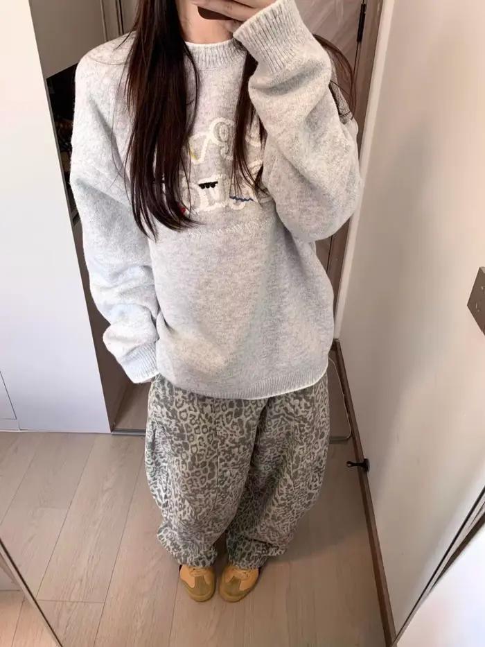 Coréen rétro Pull Femme décontracté lettre Jacquard col rond tricoté