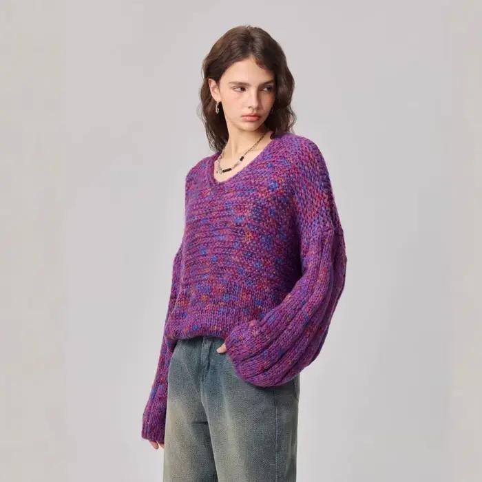 Nouvelle mode pull col en v à capuche couleur mixte pull tricoté