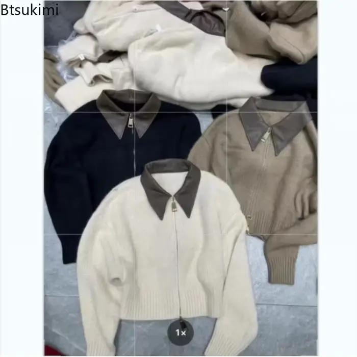 Femmes col en cuir Patchwork Double fermeture éclair tricot Cardigan doux confortable tricoté pull manteaux revers