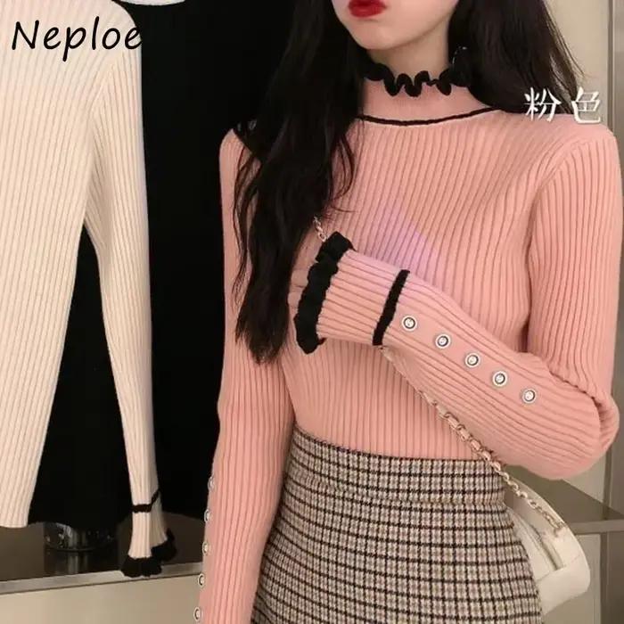 Neploe-Pull côtelé vintage à manches longues pour femmes
