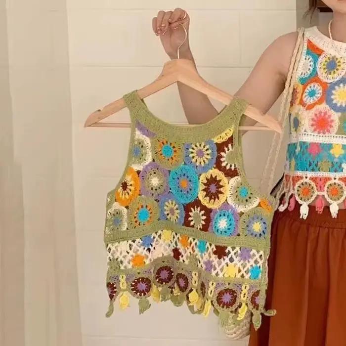 Gilet tricoté bohème mignon à col rond sans manches pour femme