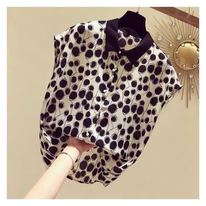 Femme été Style Blouses hauts dame décontracté manches courtes chauve-souris col claudine à pois imprimé haut Blouse ZZ1392