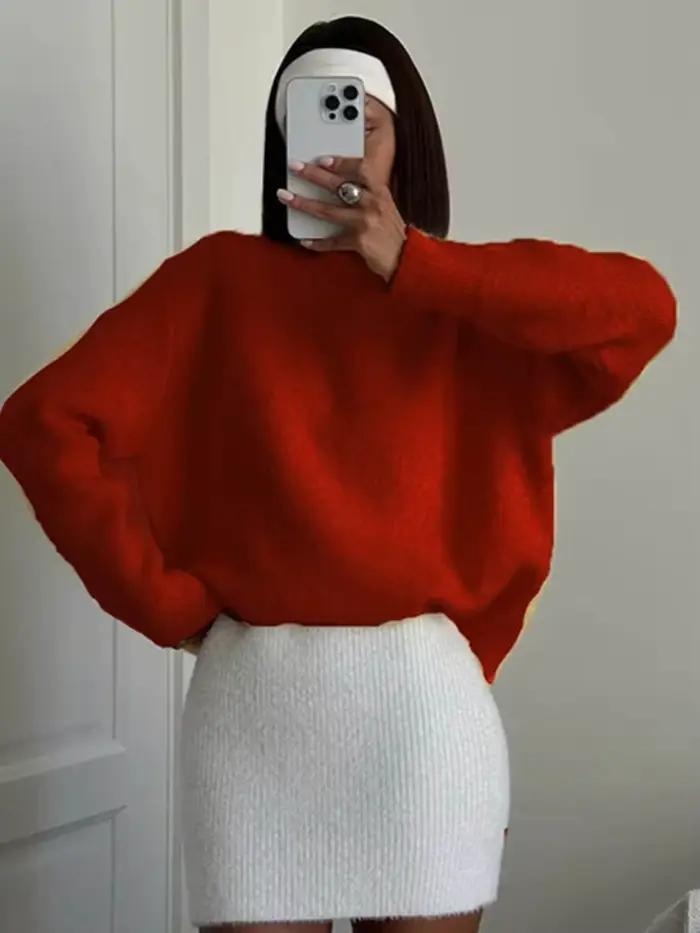 Solide col rond tricoté pull femmes élégant à manches longues épaissir pulls femme automne hiver nouveau Chic