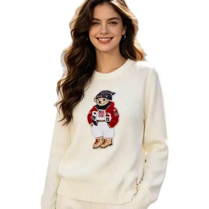 Pull en laine mélangée brodé motif ours de dessin animé de haute qualité à manches longues – Idéal pour Noël et le Nouvel An