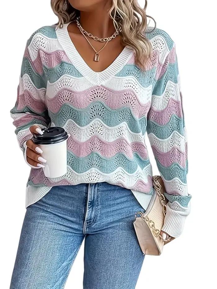 Mode féminine grande taille européenne et américaine : Pull en tricot sexy à col en V avec découpes et blocs de couleur pour femmes
