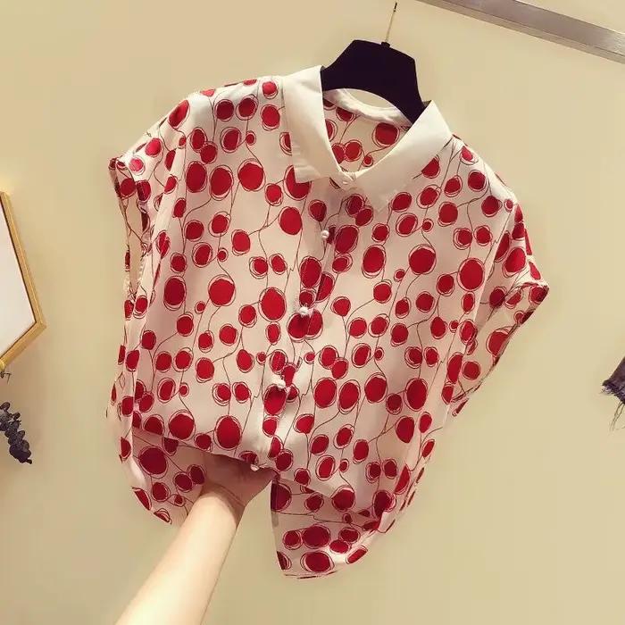 Femme été Style Blouses hauts dame décontracté manches courtes chauve-souris col claudine à pois imprimé haut Blouse ZZ1392