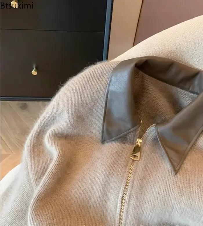 Femmes col en cuir Patchwork Double fermeture éclair tricot Cardigan doux confortable tricoté pull manteaux revers