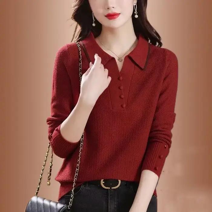 Pull élégant décontracté pour femmes, polyester et acrylique, col rabattu, adapté aux occasions spéciales et quotidiennes