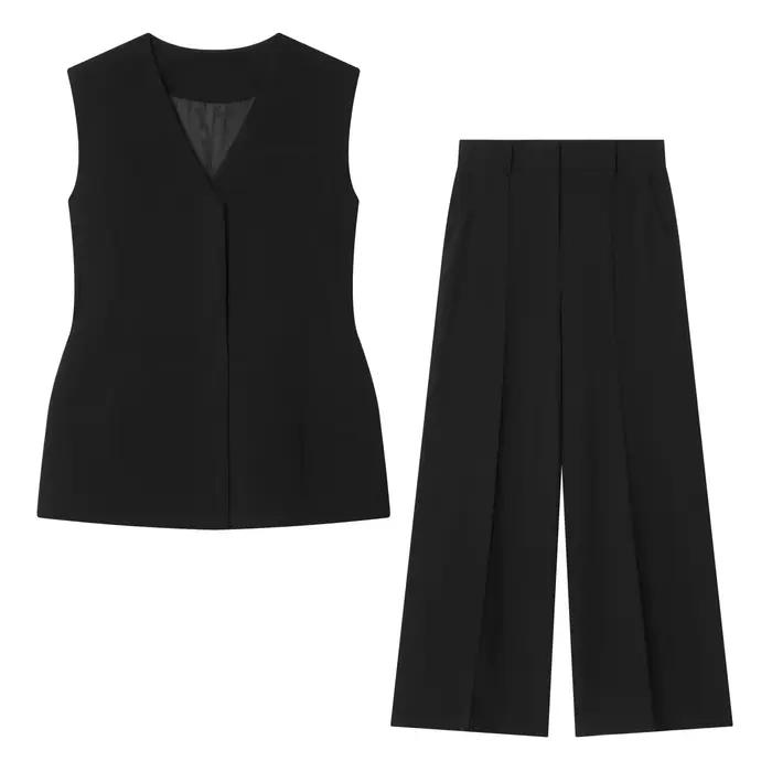 Ensemble gilet sans manches col en V ajusté avec poches et pantalon droit taille mi-haute à bordure décorative décontractée pour femme 2026