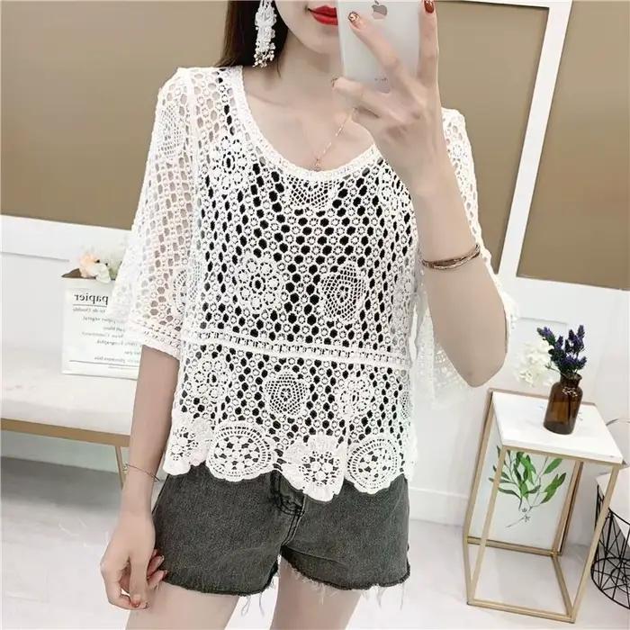 Pull tricoté fin ajouré pour femme printemps automne manteau court couvrir le ventre haut à capuche polyester motif géométrique mince F...